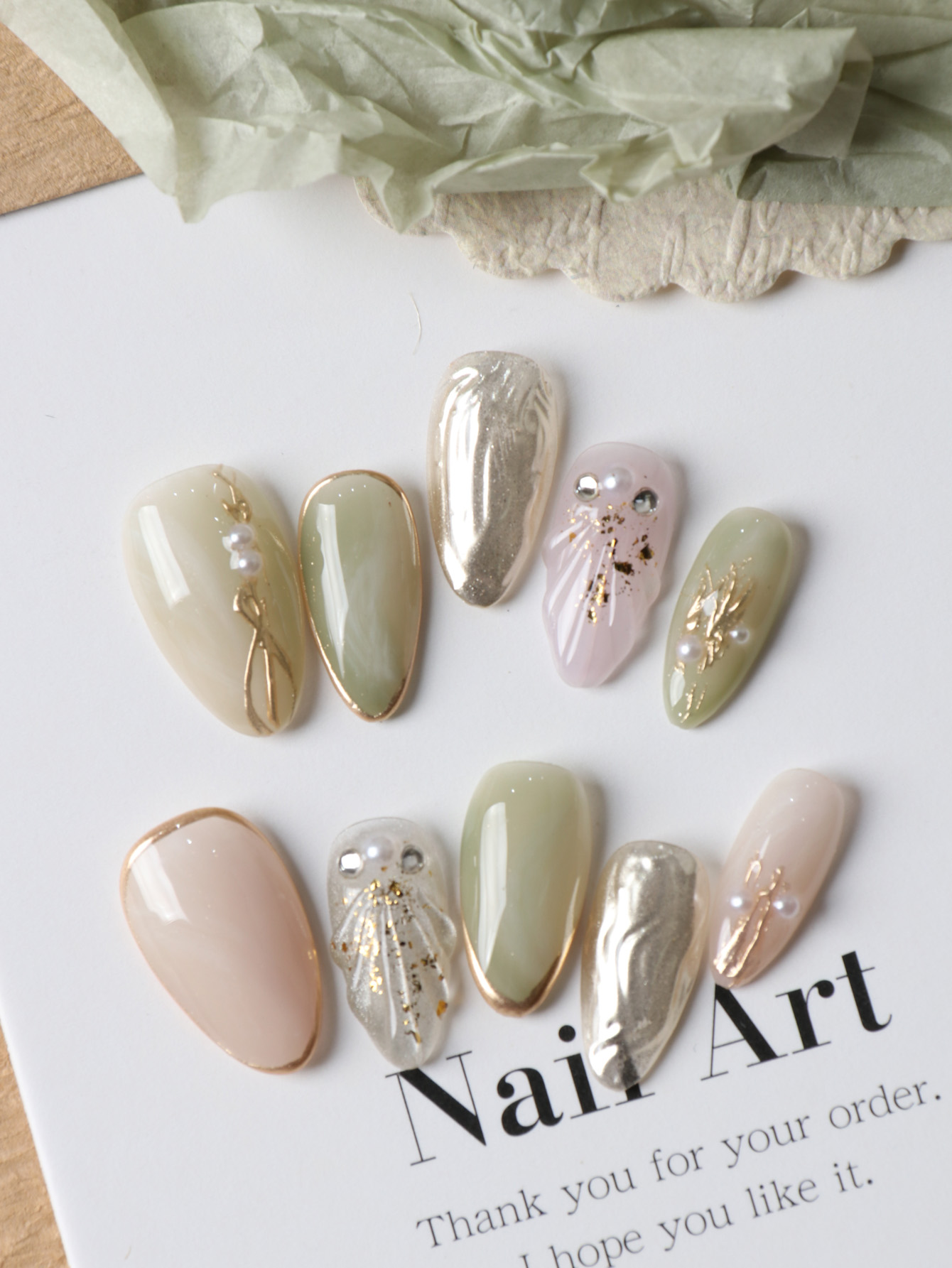Nail Adhesive Tab - 10개 아크릴 프레스온 네일 그린 화이트
