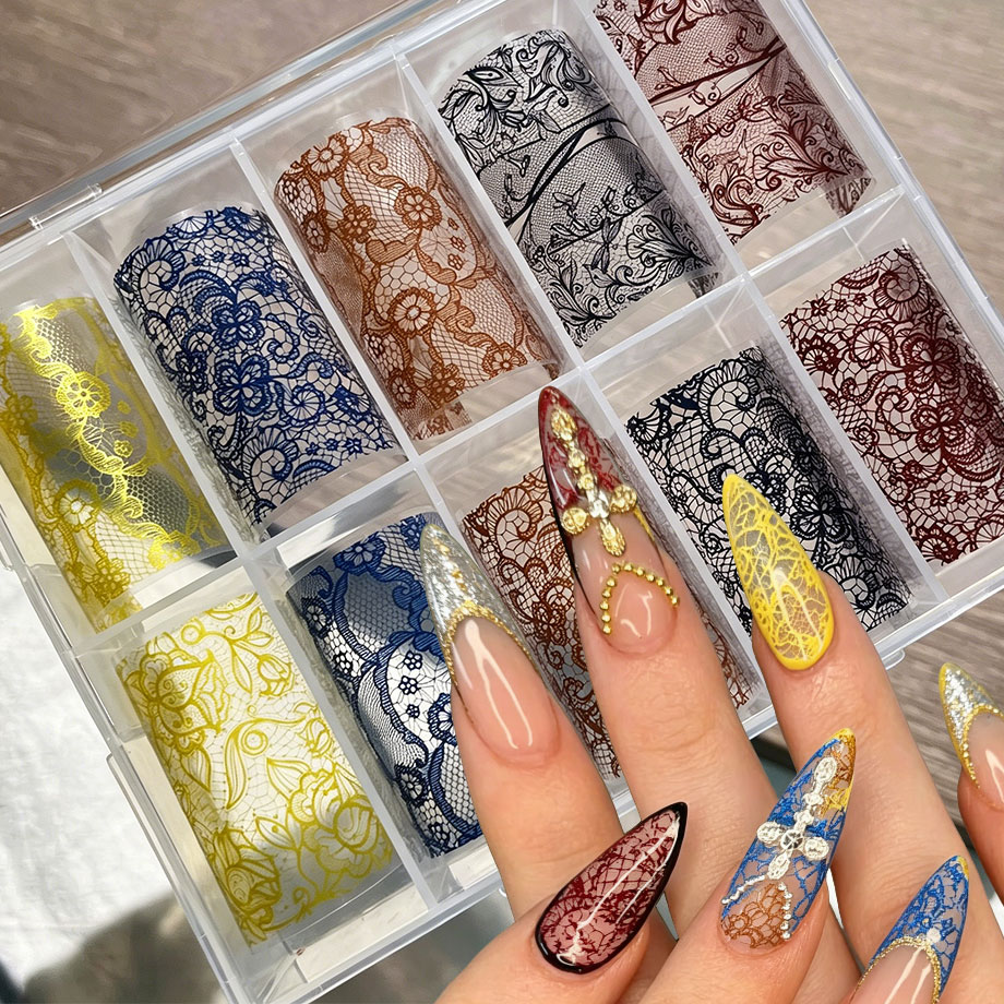 Nail Art Leopard - 10롤 레트로 컬러풀 레이스 포일 트랜스퍼