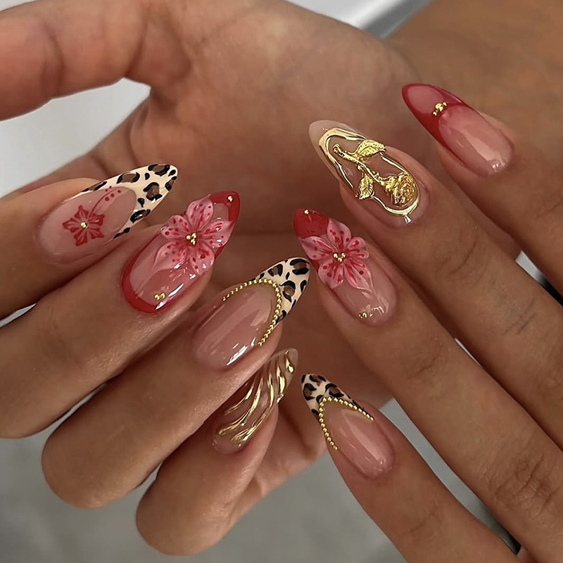 Nail Art Leopard - 24개 레오파드 프린트 프렌치 아몬드 모양
