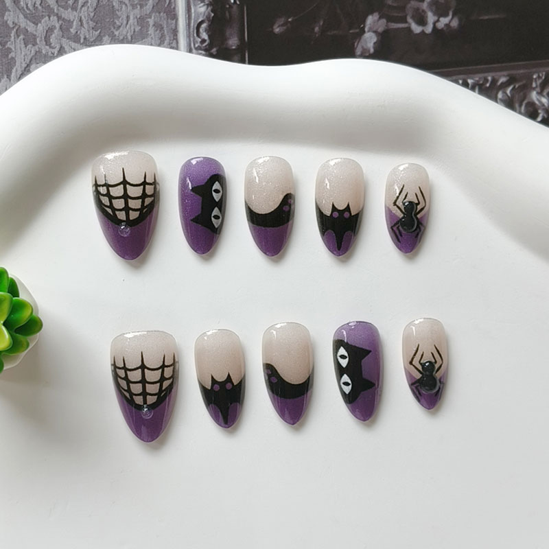 Nail Art Press On - 여성용 할로윈 파티 테마 퍼플 블랙