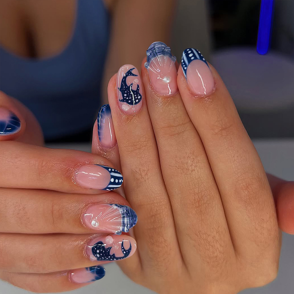 Nail Art Press On - 24개 아몬드 3D 젤 네일 웨일