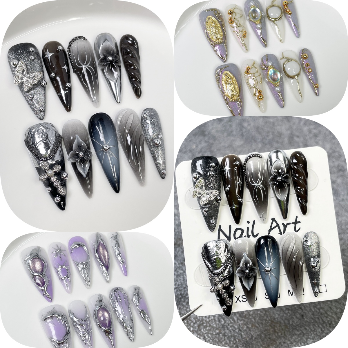 Nail Art Press On - 10개입 블랙 그라데이션 롱 스틸레토 프레스온