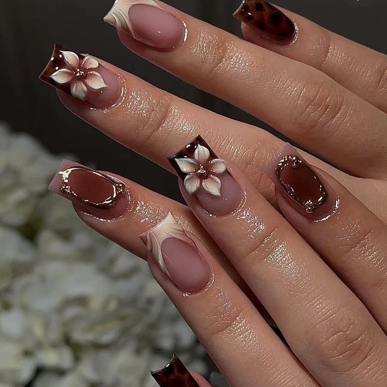 Nail Art Leopard - 여성용 짧은 사각형 가짜 손톱, 갈색