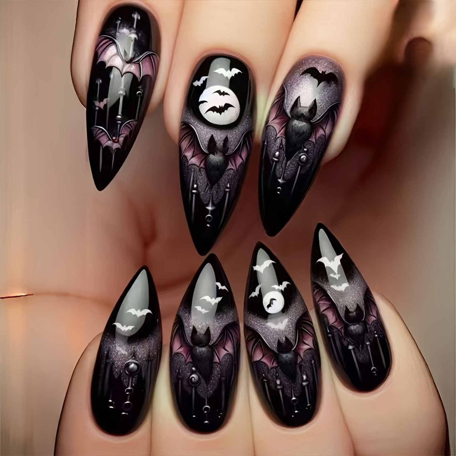Nail Art Press On - 24개 할로윈 가짜 손톱 블랙 아몬드