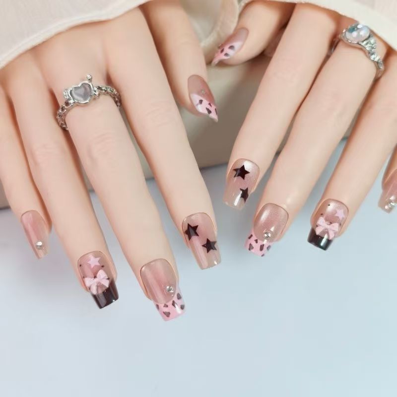 10개입 짧은 사각형 프레스온 네일 핑크 레오파드 프린 - Nail Art Leopard 리뷰 및 가격