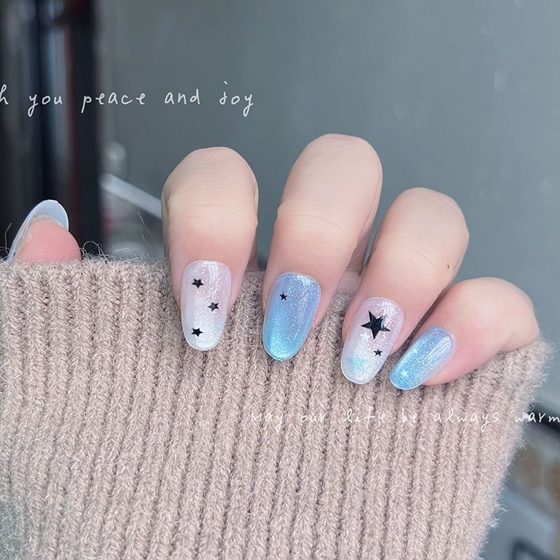 10개입 짧은 라운드 프레스온 네일 블루 화이트 글리터 - Nail Art Press On 리뷰 및 가격
