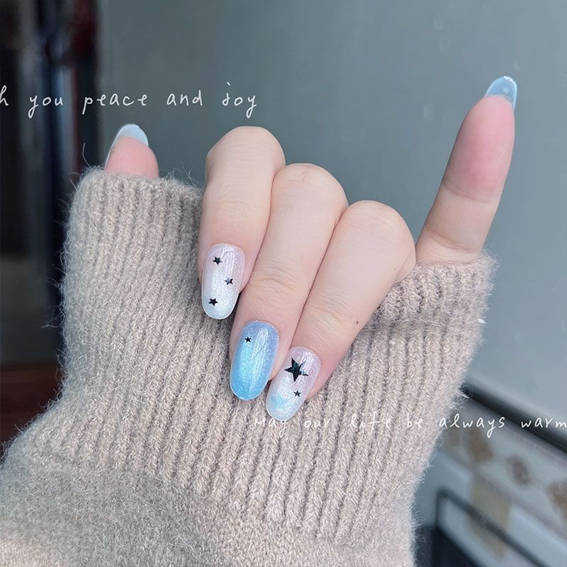10개입 짧은 라운드 프레스온 네일 블루 화이트 글리터 - Nail Art Press On 리뷰 및 가격