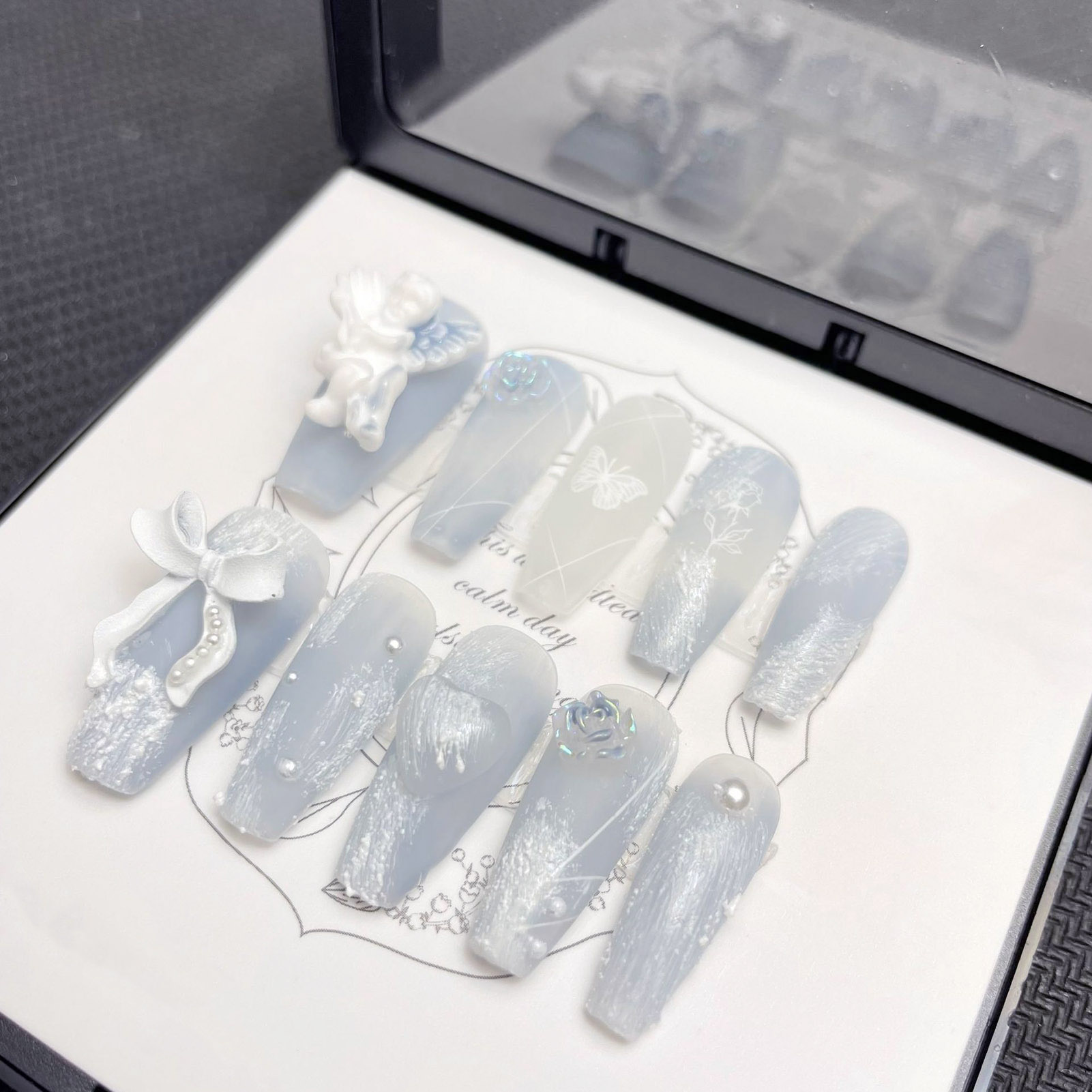 3D 석고 천사 가짜 손톱 광택 헤이즈 블루 수제 프레 - Nail Art Press On 리뷰 및 가격