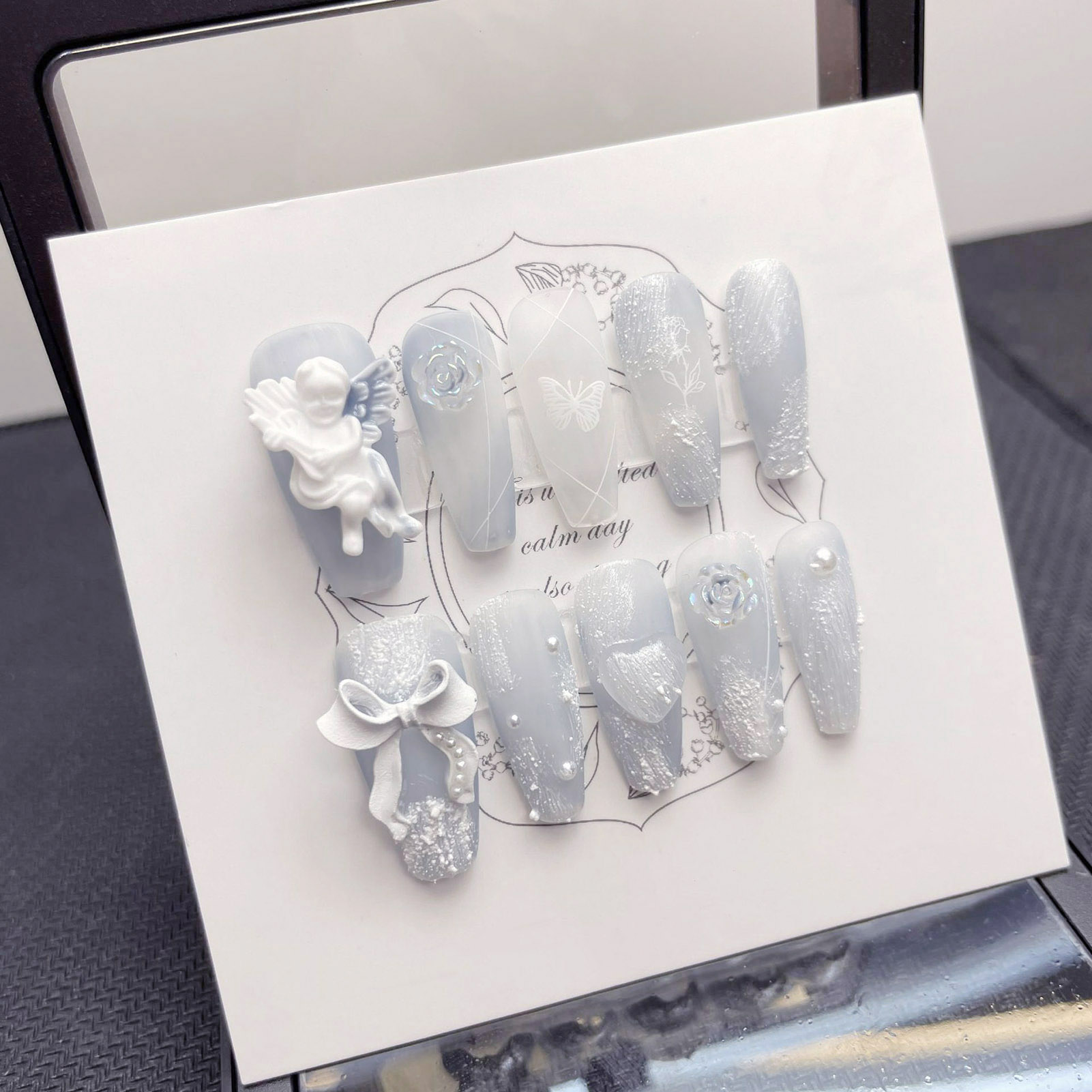 3D 석고 천사 가짜 손톱 광택 헤이즈 블루 수제 프레 - Nail Art Press On 리뷰 및 가격