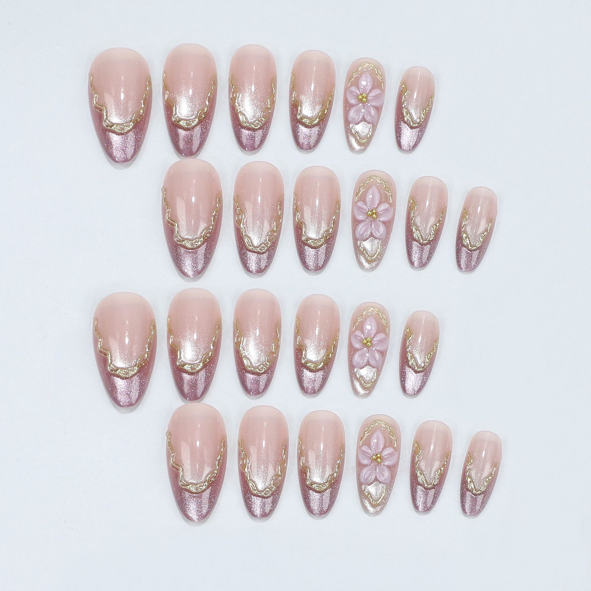 3D 플라워 디자인의 광택 있는 캣아이 골든 프레임 스 - Nail Art Press On 리뷰 및 가격