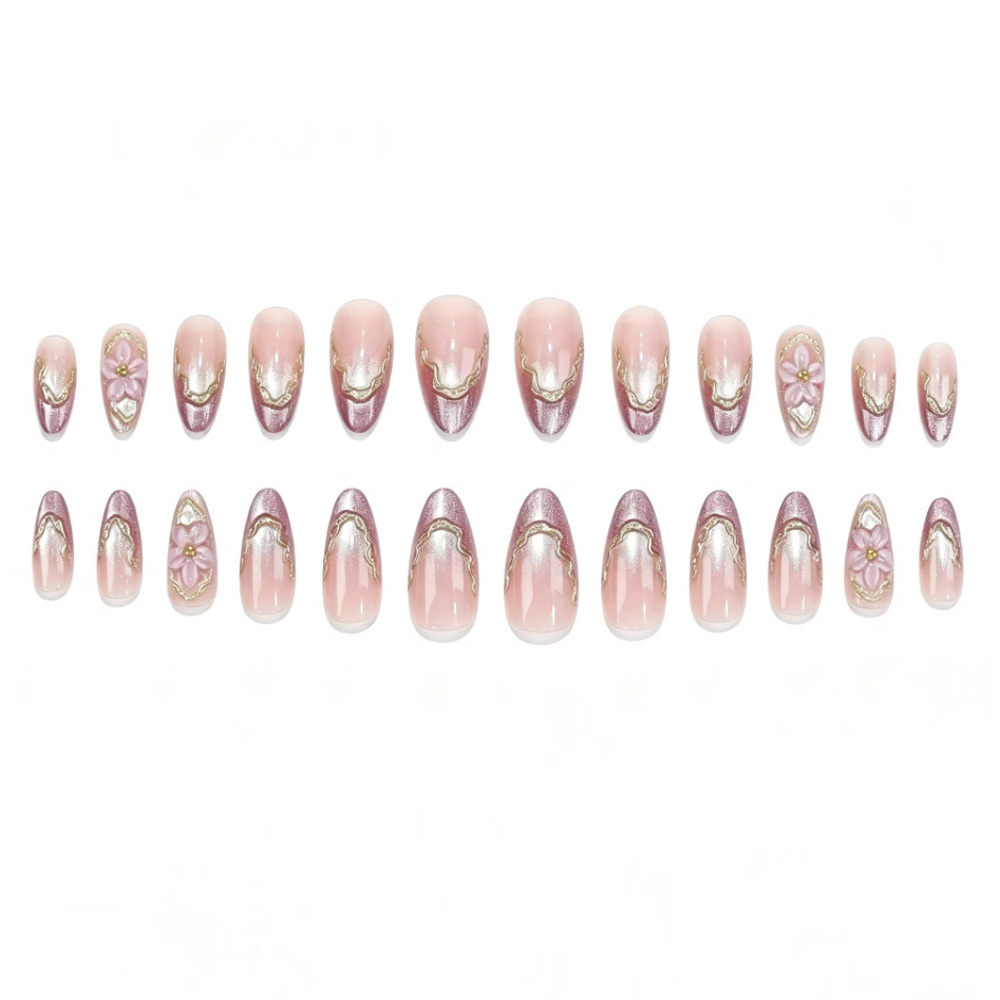 3D 플라워 디자인의 광택 있는 캣아이 골든 프레임 스 - Nail Art Press On 리뷰 및 가격
