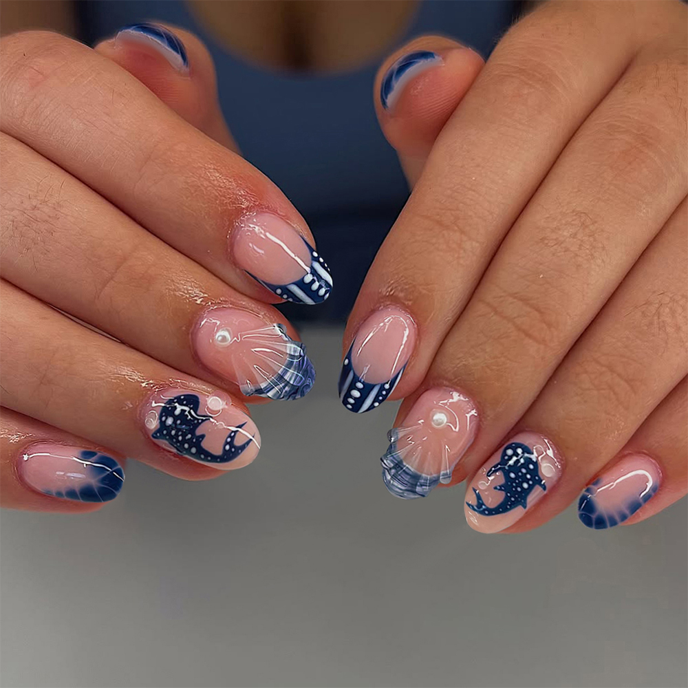 24개 아몬드 3D 젤 네일 웨일 패턴 진주 블루 프렌 - Nail Art Press On 리뷰 및 가격