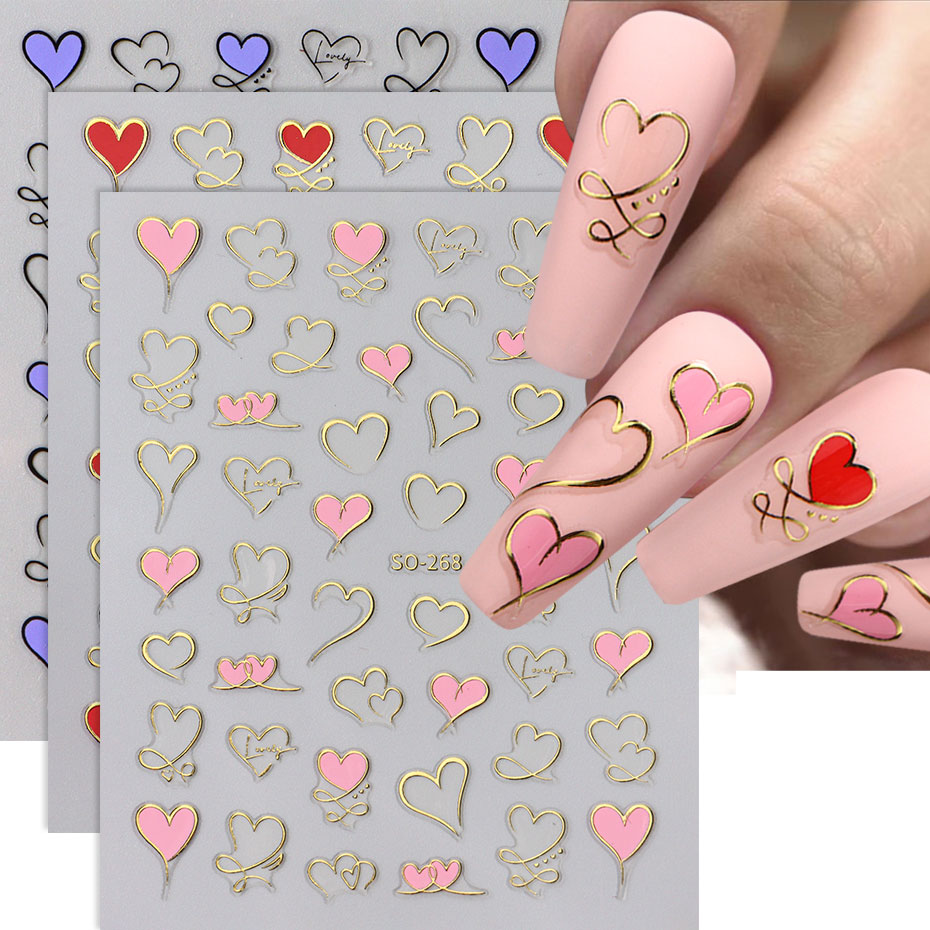3pcs Y2K 골드 웨이브 라인 하트 데칼 3D 레드 - Nail Art Valentines Day 리뷰 및 가격