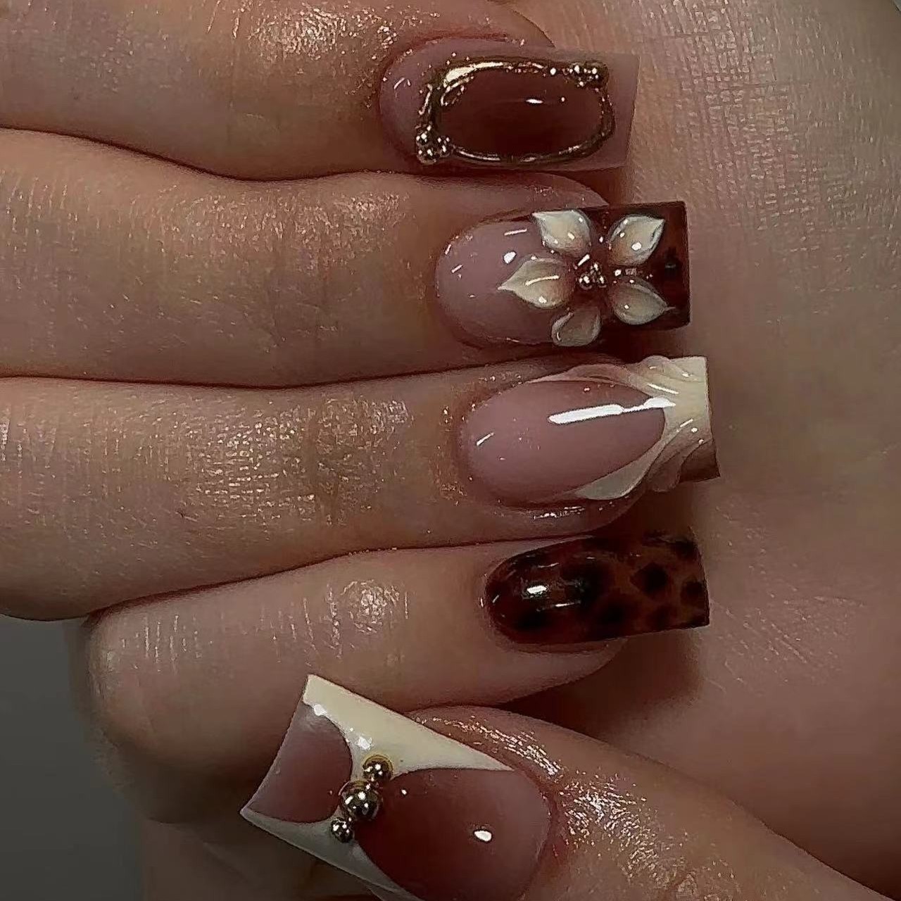 여성용 짧은 사각형 가짜 손톱, 갈색 레오파드 프린트와 - Nail Art Leopard 리뷰 및 가격